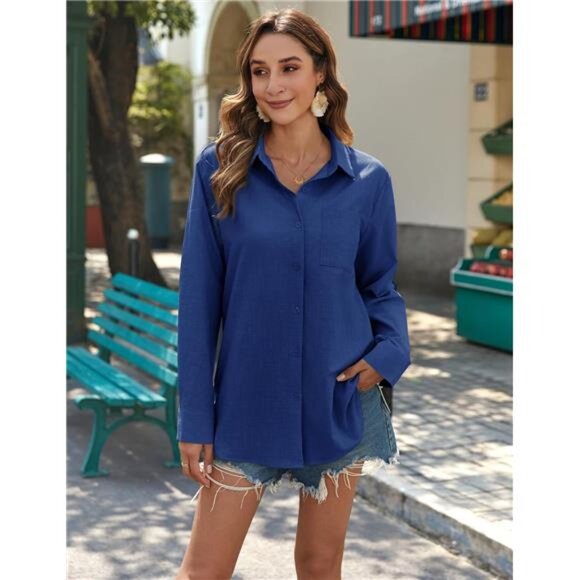 Womens Button Down Shirts Long Sleeve Navy Blue - Picture 2 of 6